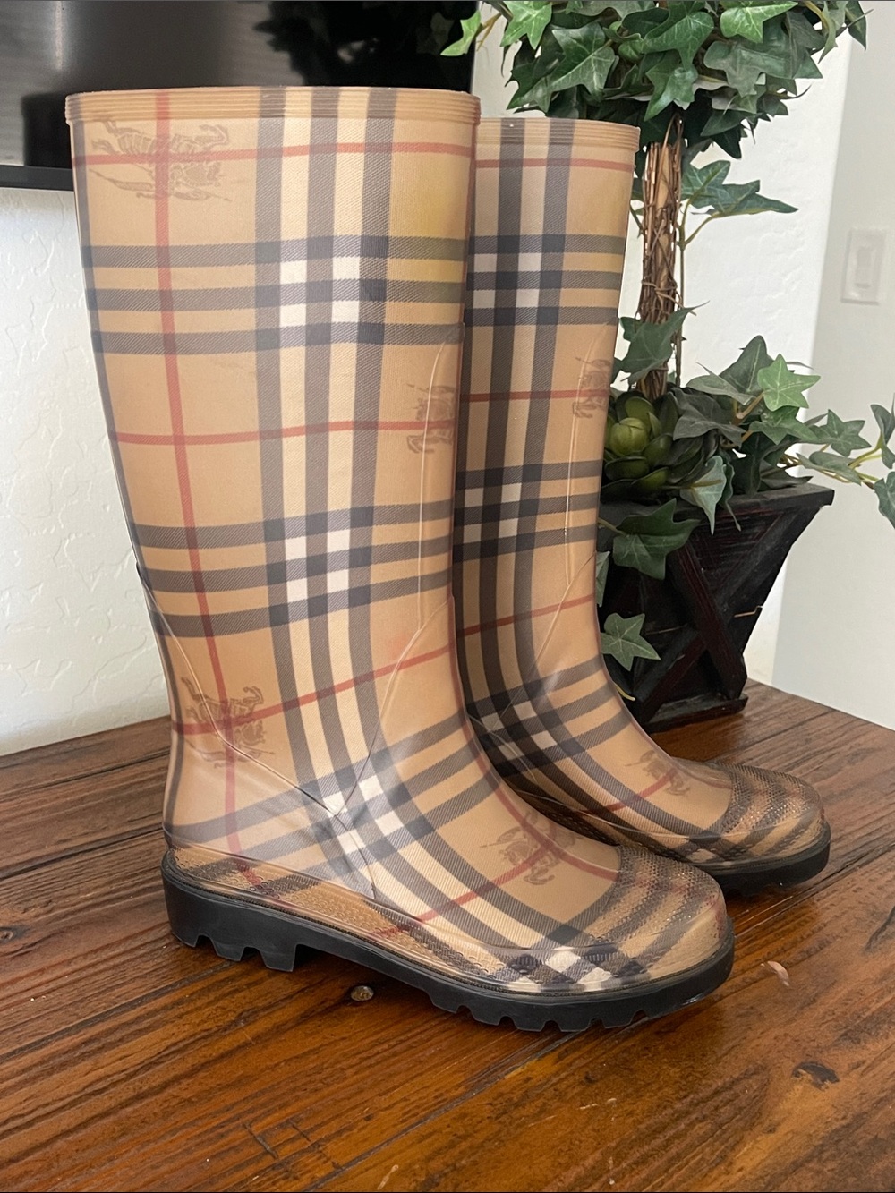 BURBERRY Haymarket tall rain boots in a beige, black, and red plaid  print SZ 36